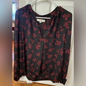 LOFT Black Blouse with Red Floral Design